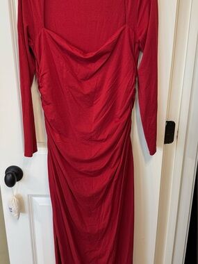 Abercrombie & Fitch Red Long-Sleeve Ruched Maxi Dress